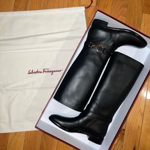 Black Sarah Salvatore Ferragamo High Boot - Calf Leather and Silver Hardware